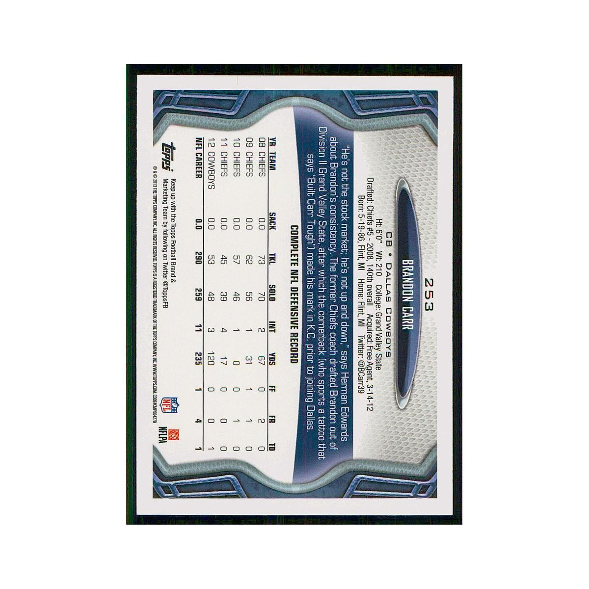 2013 Topps Brandon Carr Cowboys #253
