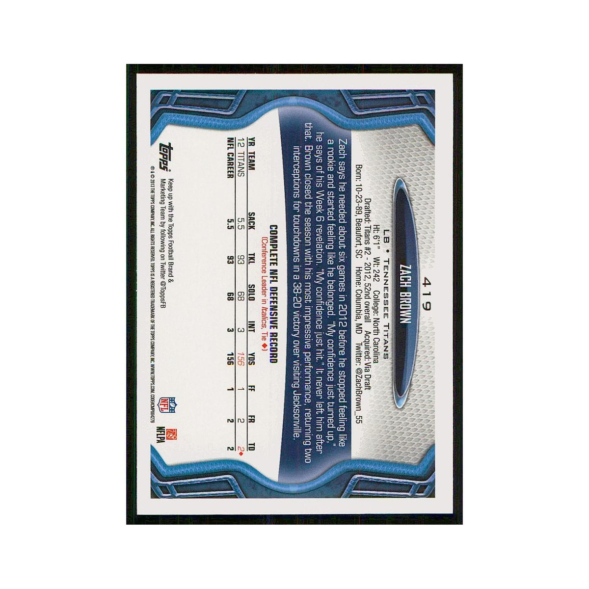 2013 Topps Zach Brown Titans #419