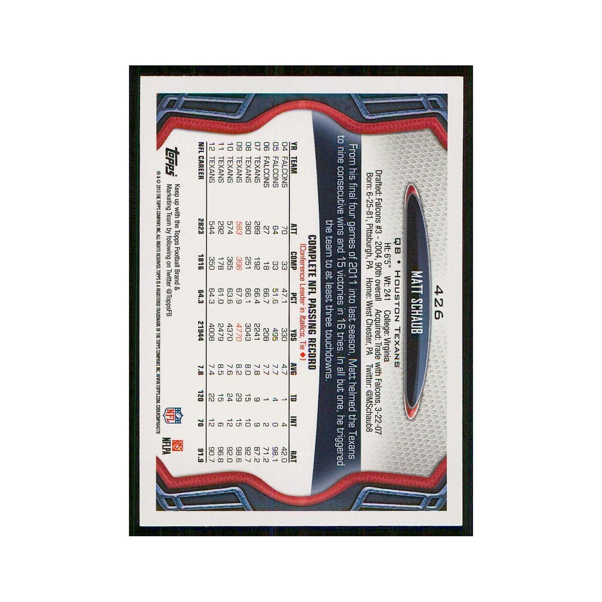 2013 Topps Matt Schaub Texans #426
