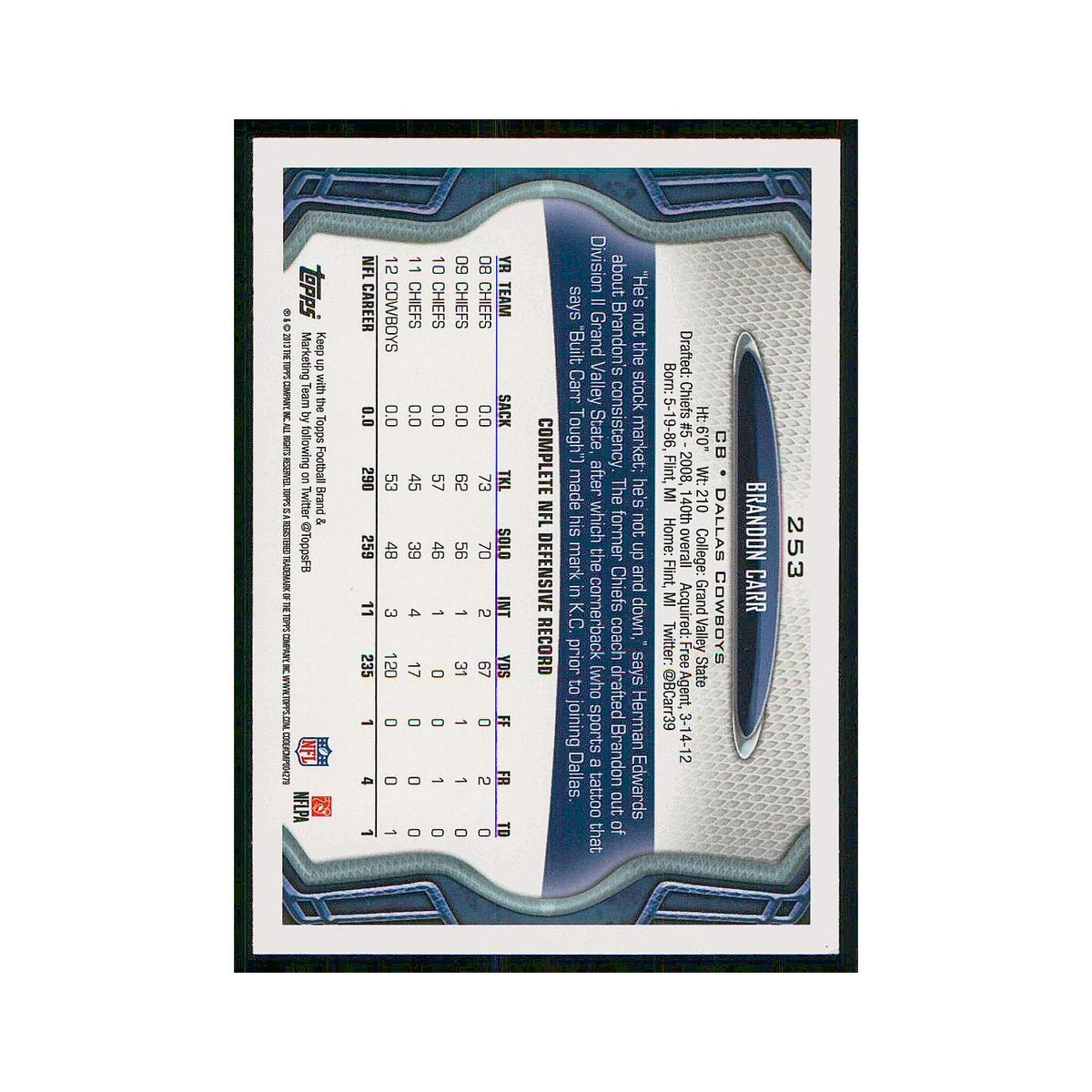 2013 Topps Brandon Carr Cowboys #253