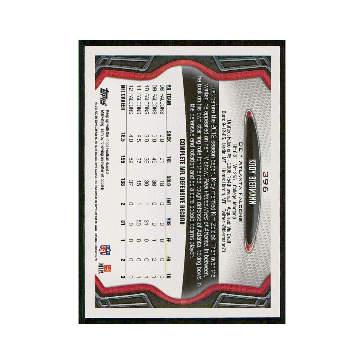 2013 Topps Kroy Biermann Falcons #396