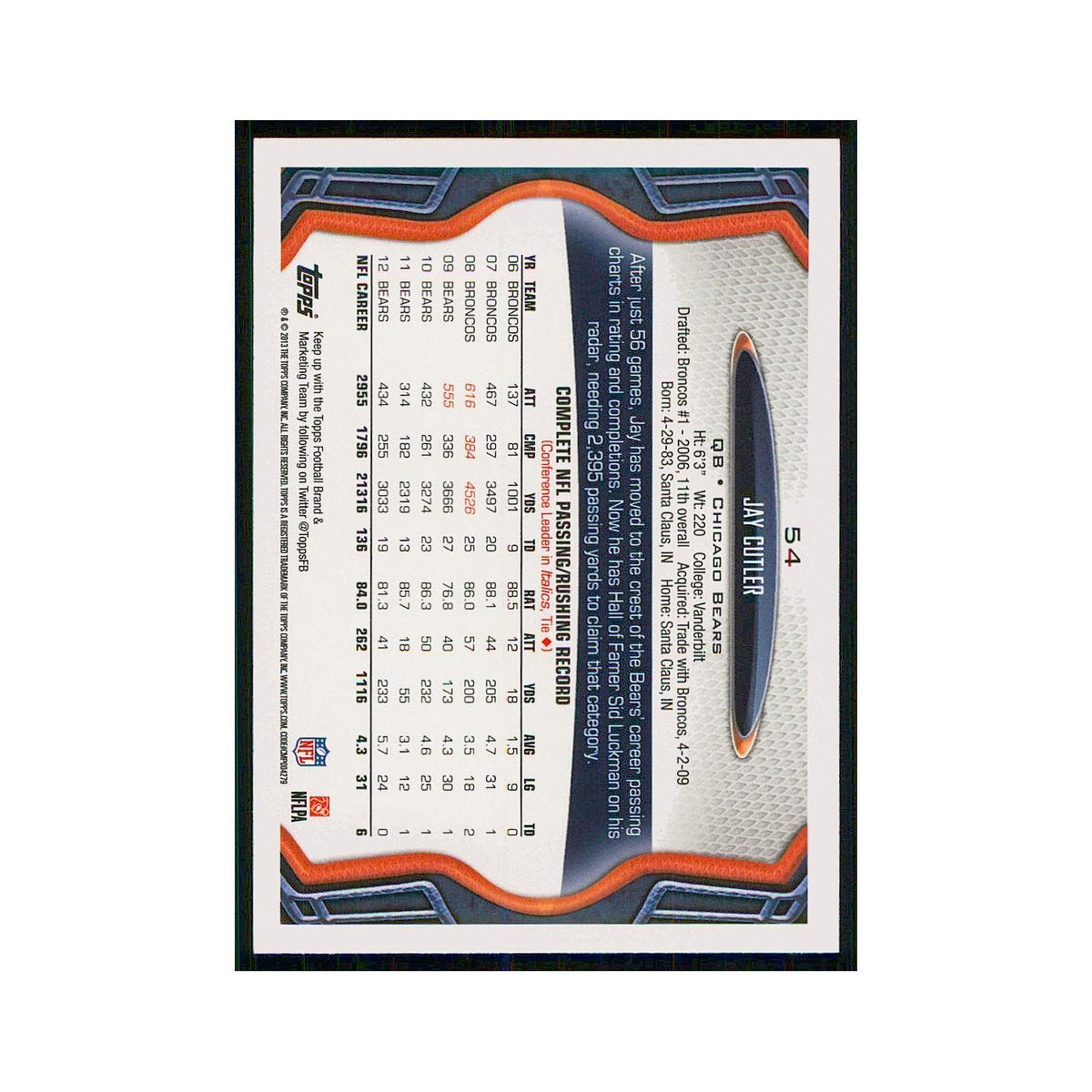 2013 Topps Jay Cutler Bears #54