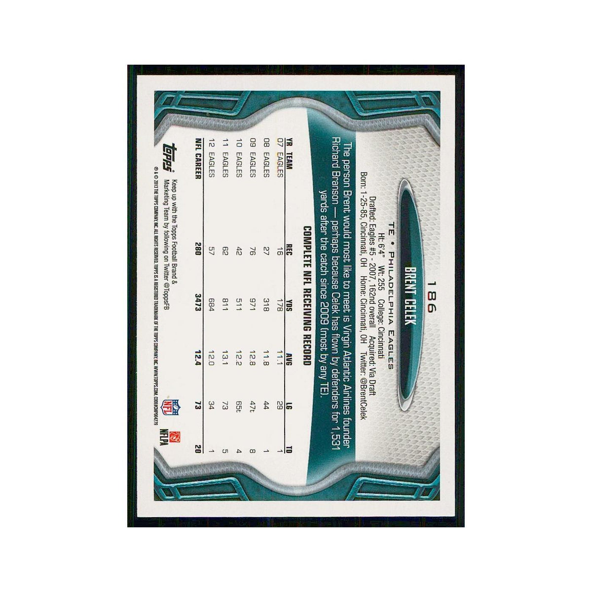 2013 Topps Brent Celek Eagles #186