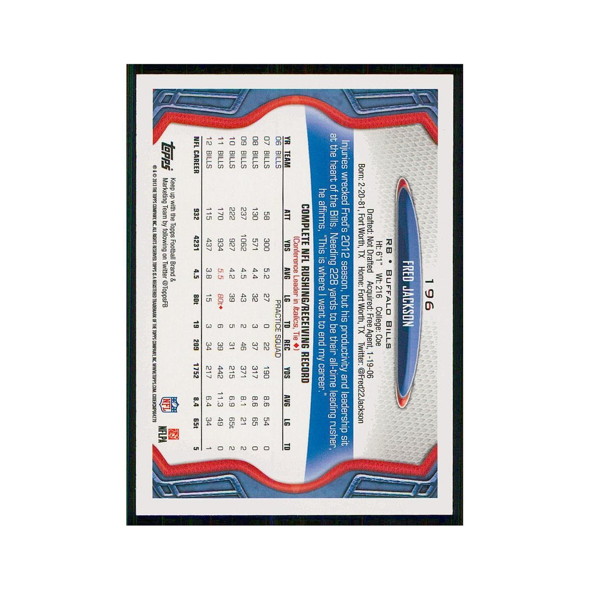2013 Topps Fred Jackson Bills #196