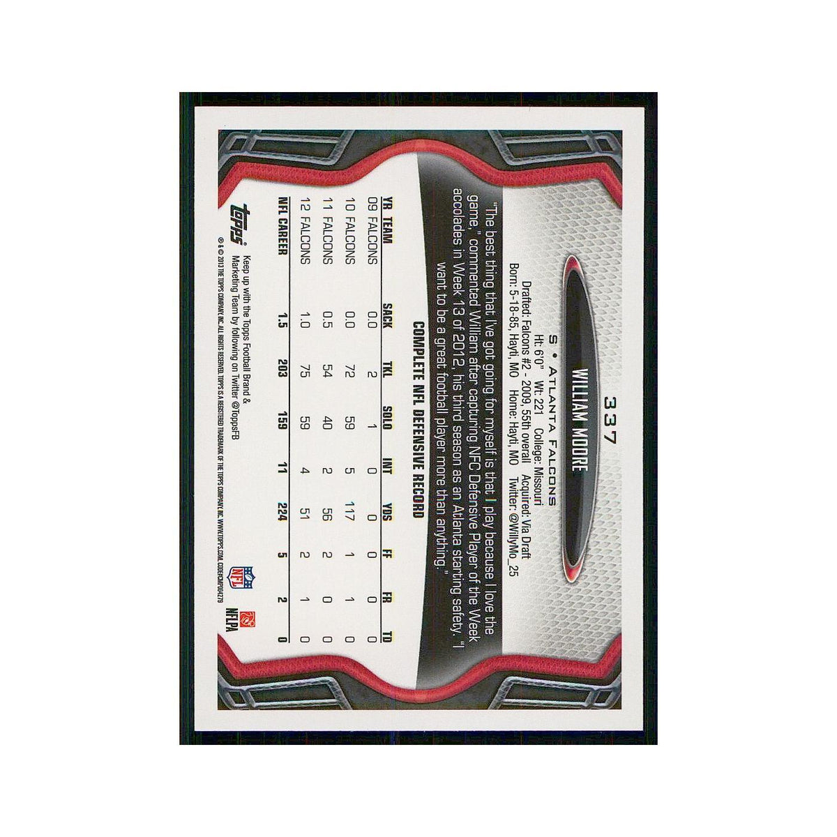 2013 Topps William Moore Falcons #337