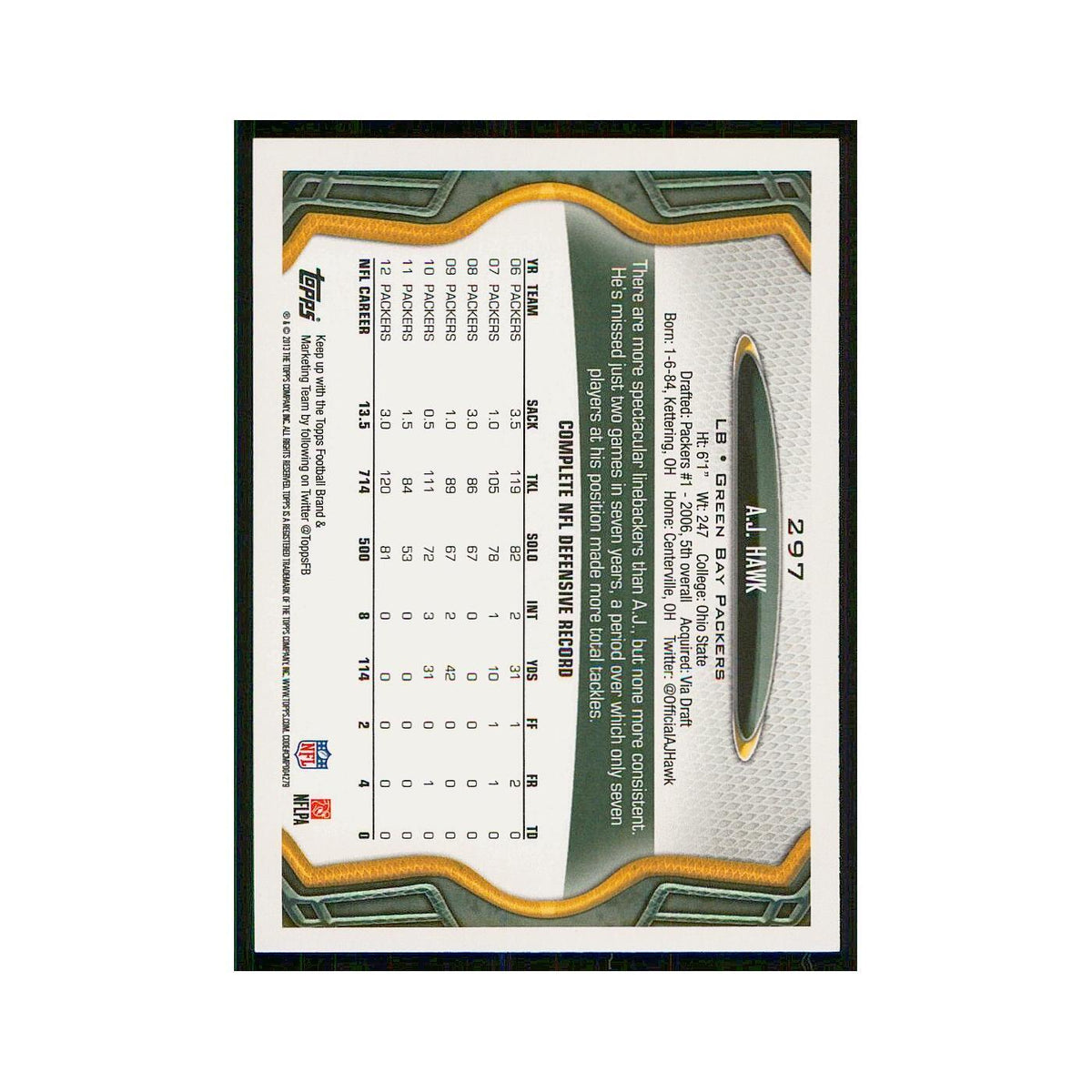 2013 Topps A.J. Hawk Packers #297