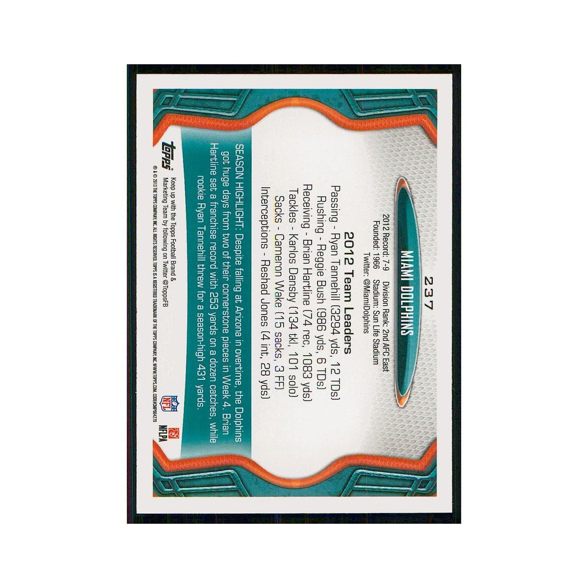 2013 Topps Miami Dolphins Dolphins #237