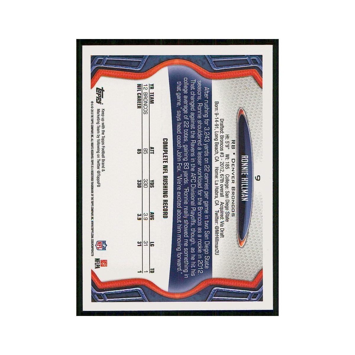 2013 Topps Ronnie Hillman Broncos #9