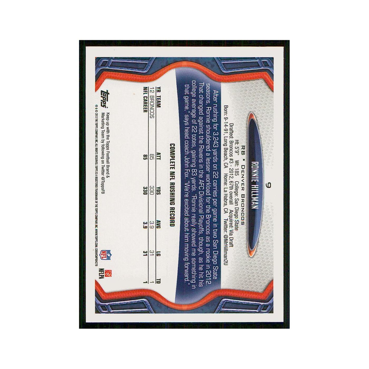 2013 Topps Ronnie Hillman Broncos #9