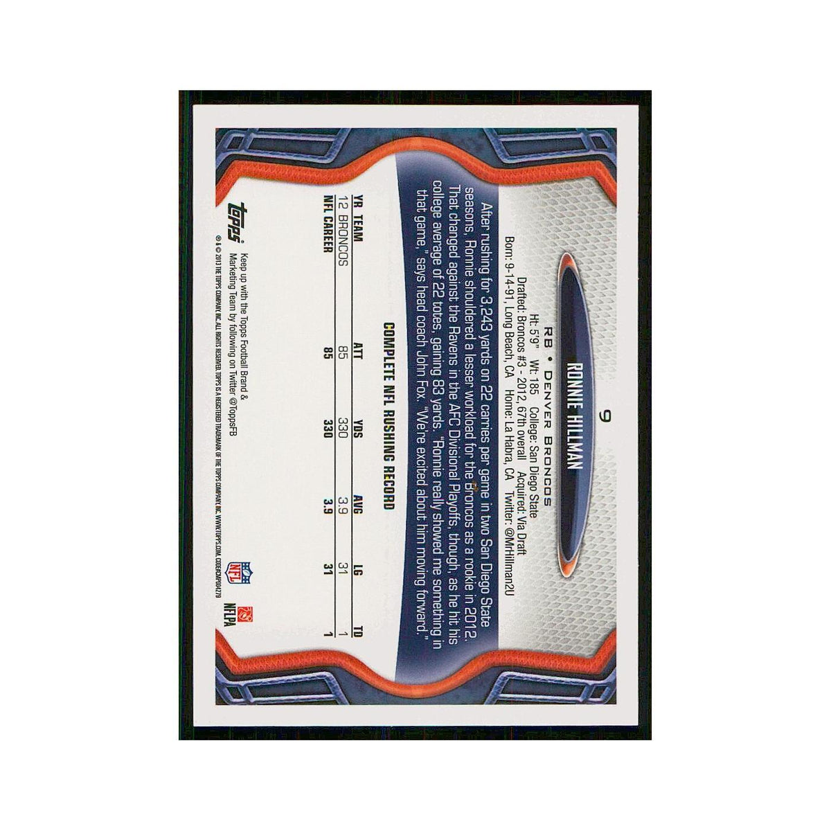 2013 Topps Ronnie Hillman Broncos #9