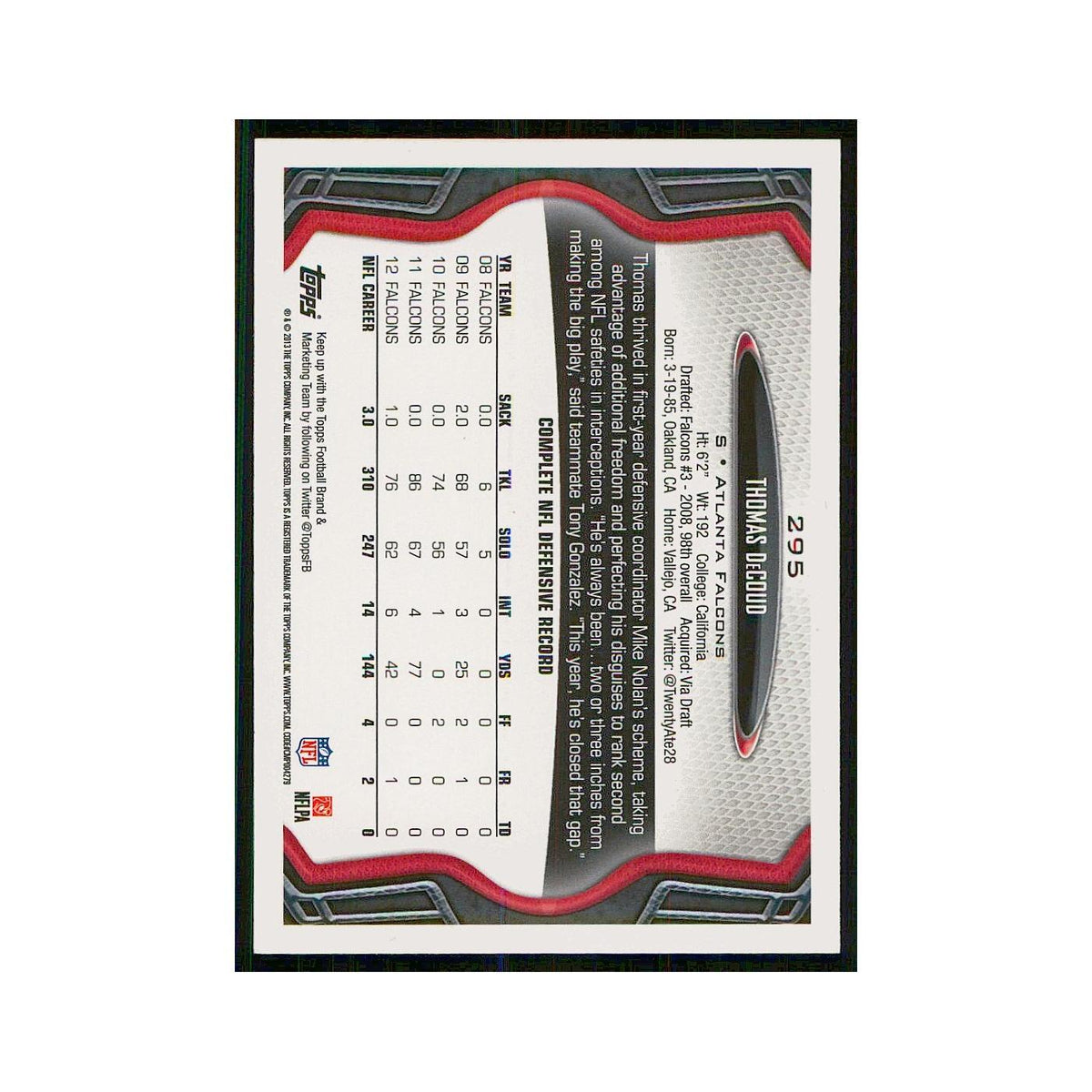 2013 Topps Thomas DeCoud Falcons #295