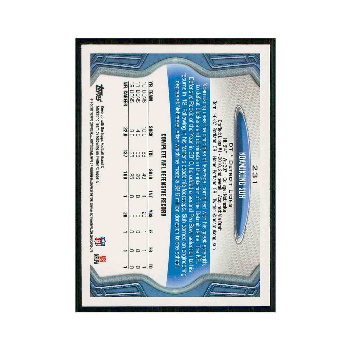 2013 Topps Ndamukong Suh Lions #231