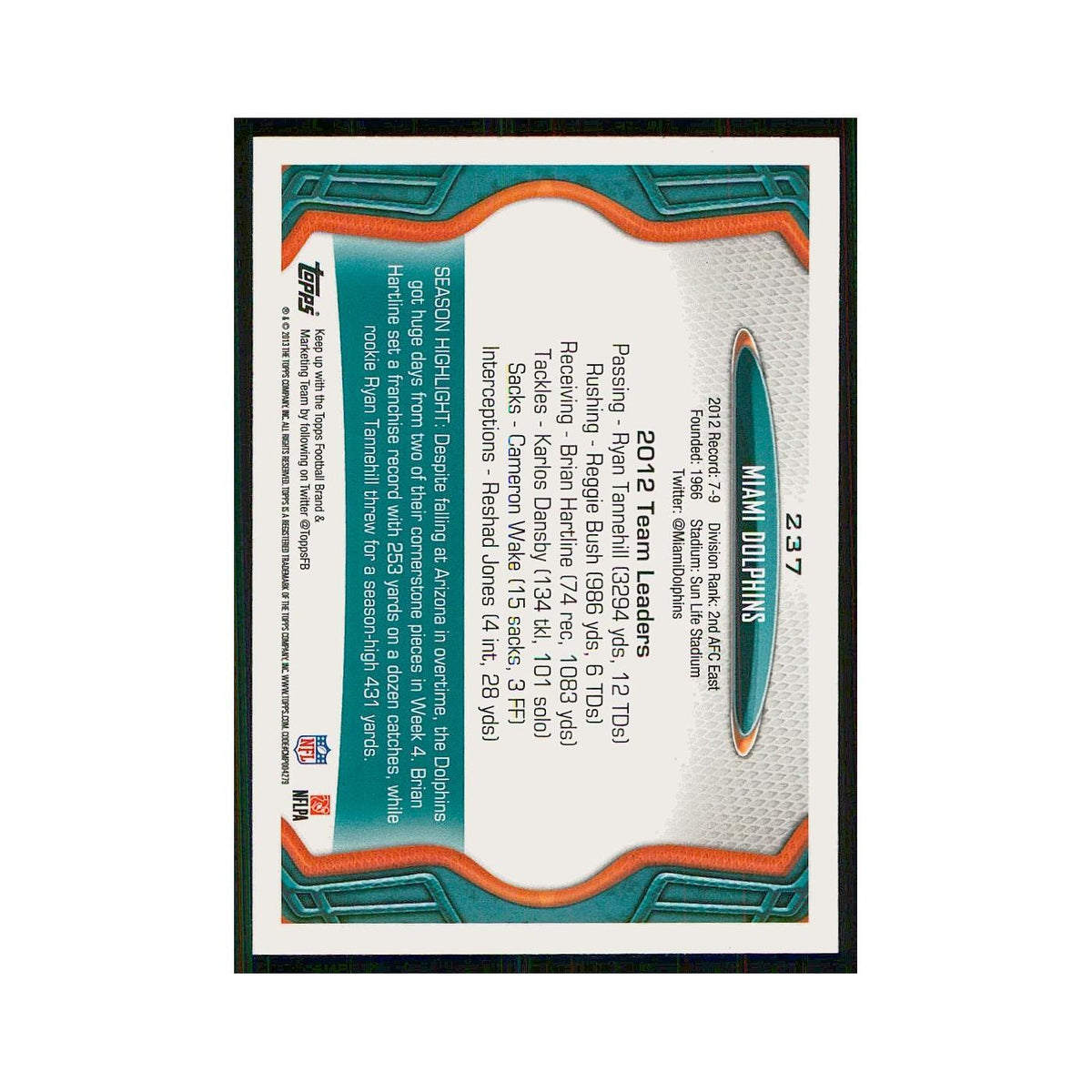 2013 Topps Miami Dolphins Dolphins #237