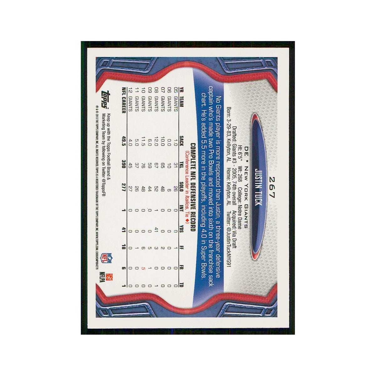 2013 Topps Justin Tuck Giants #267