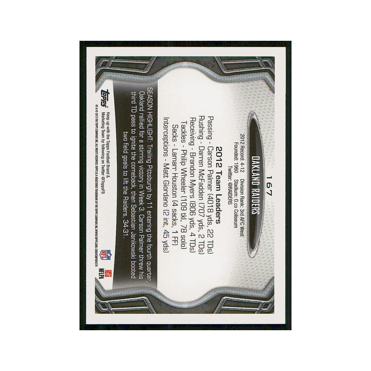 2013 Topps Oakland Raiders Raiders #167