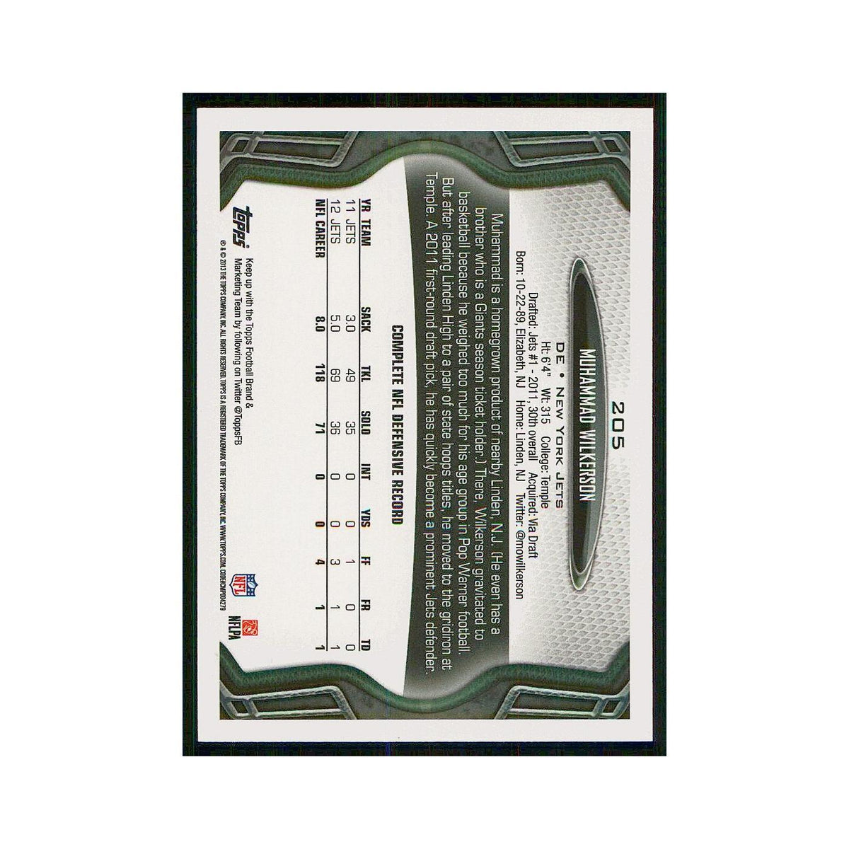 2013 Topps Muhammad Wilkerson Jets #205