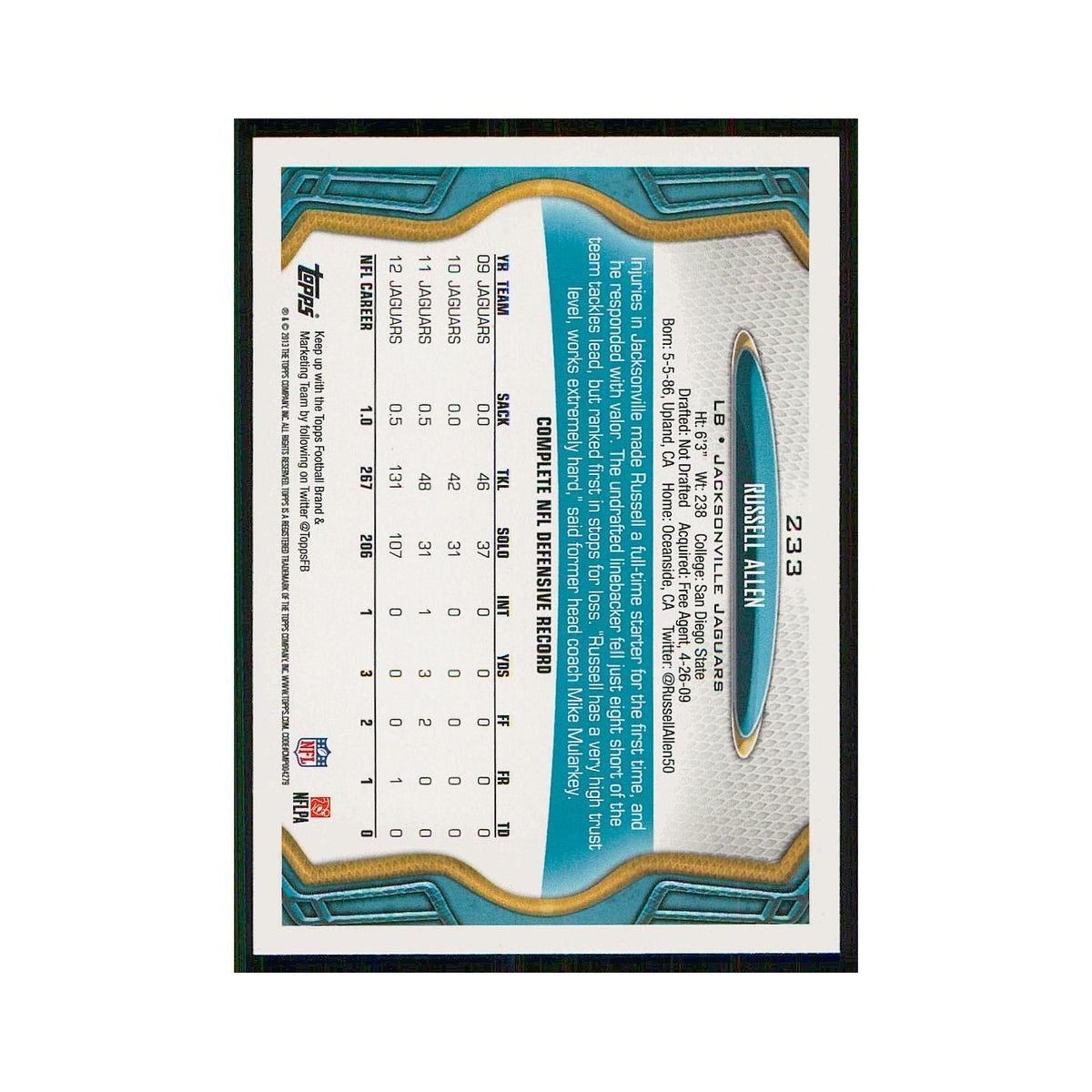 2013 Topps Russell Allen Jaguars #233