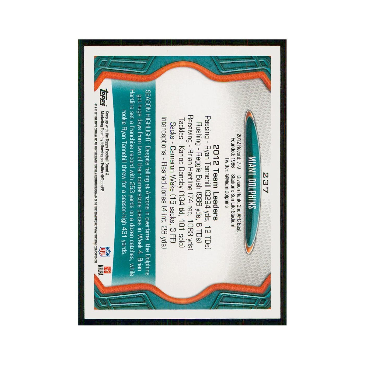 2013 Topps Miami Dolphins Dolphins #237