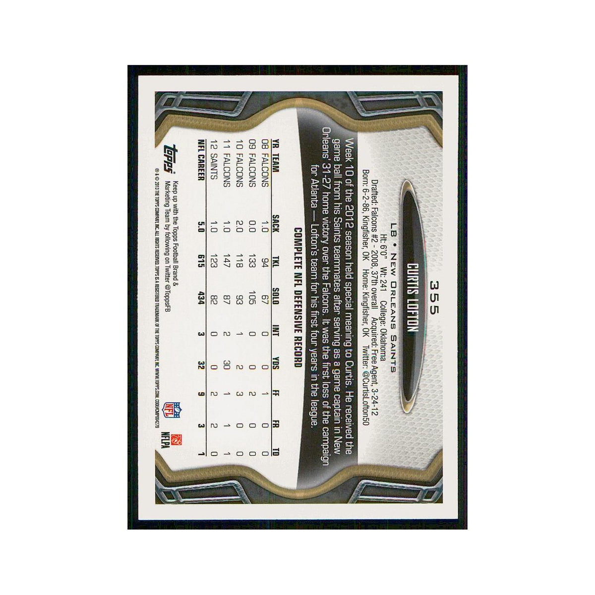 2013 Topps Curtis Lofton Saints #355