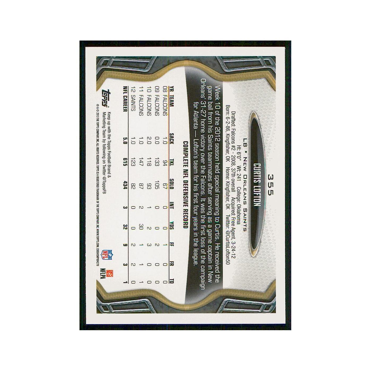 2013 Topps Curtis Lofton Saints #355