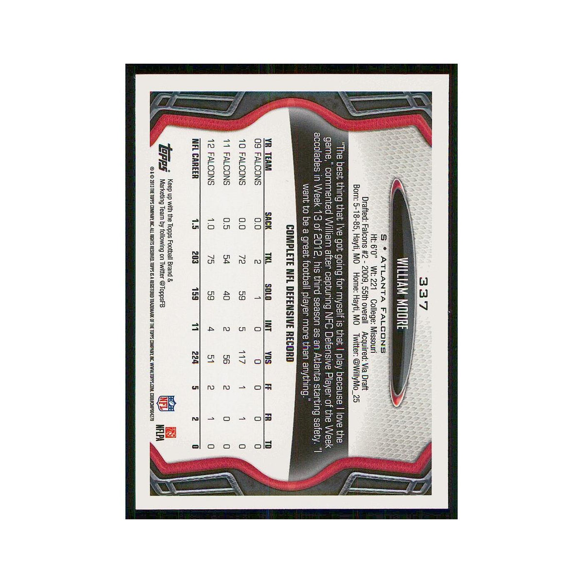 2013 Topps William Moore Falcons #337