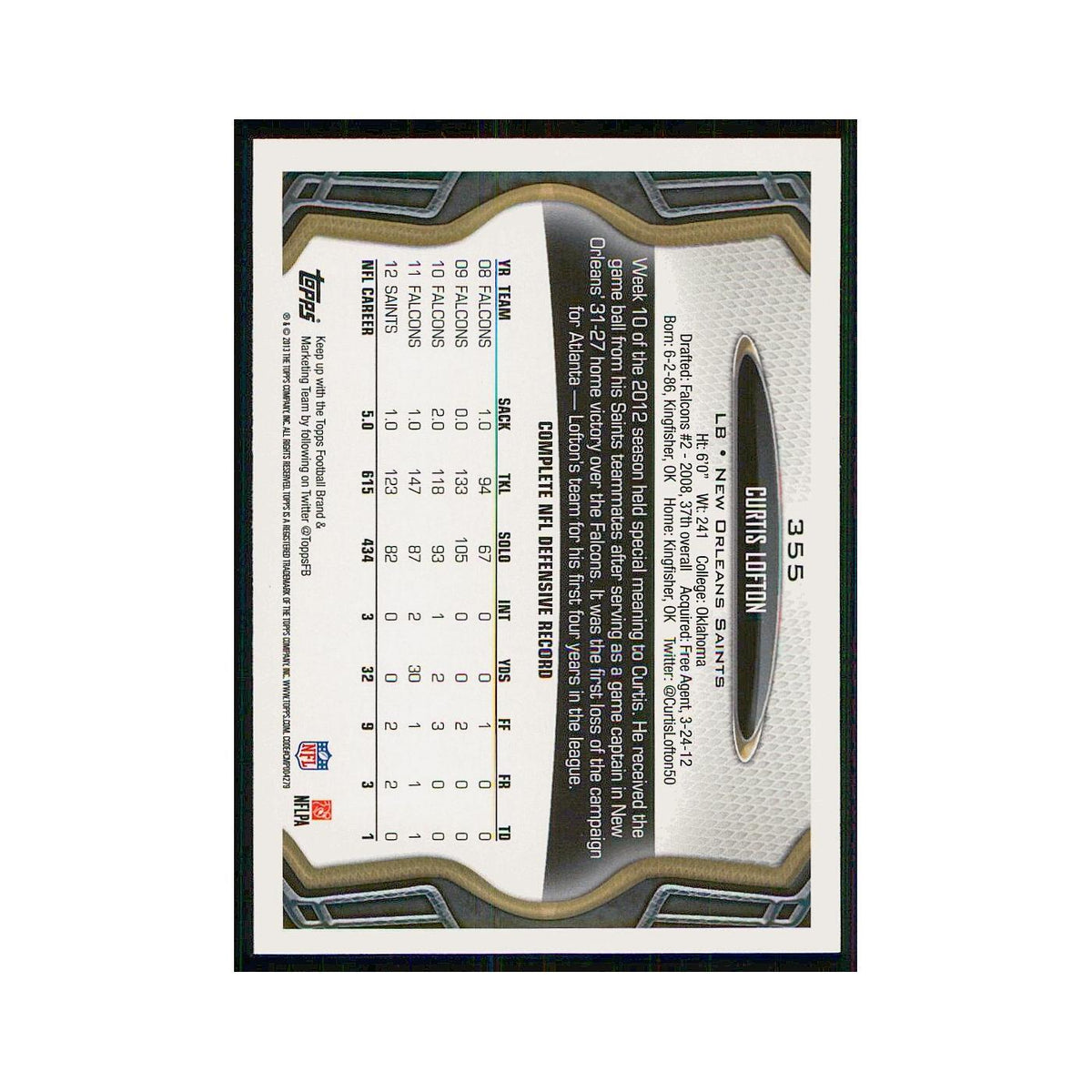 2013 Topps Curtis Lofton Saints #355