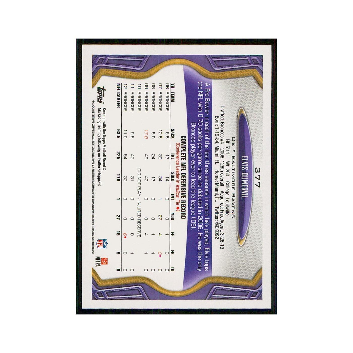 2013 Topps Elvis Dumervil Ravens #377