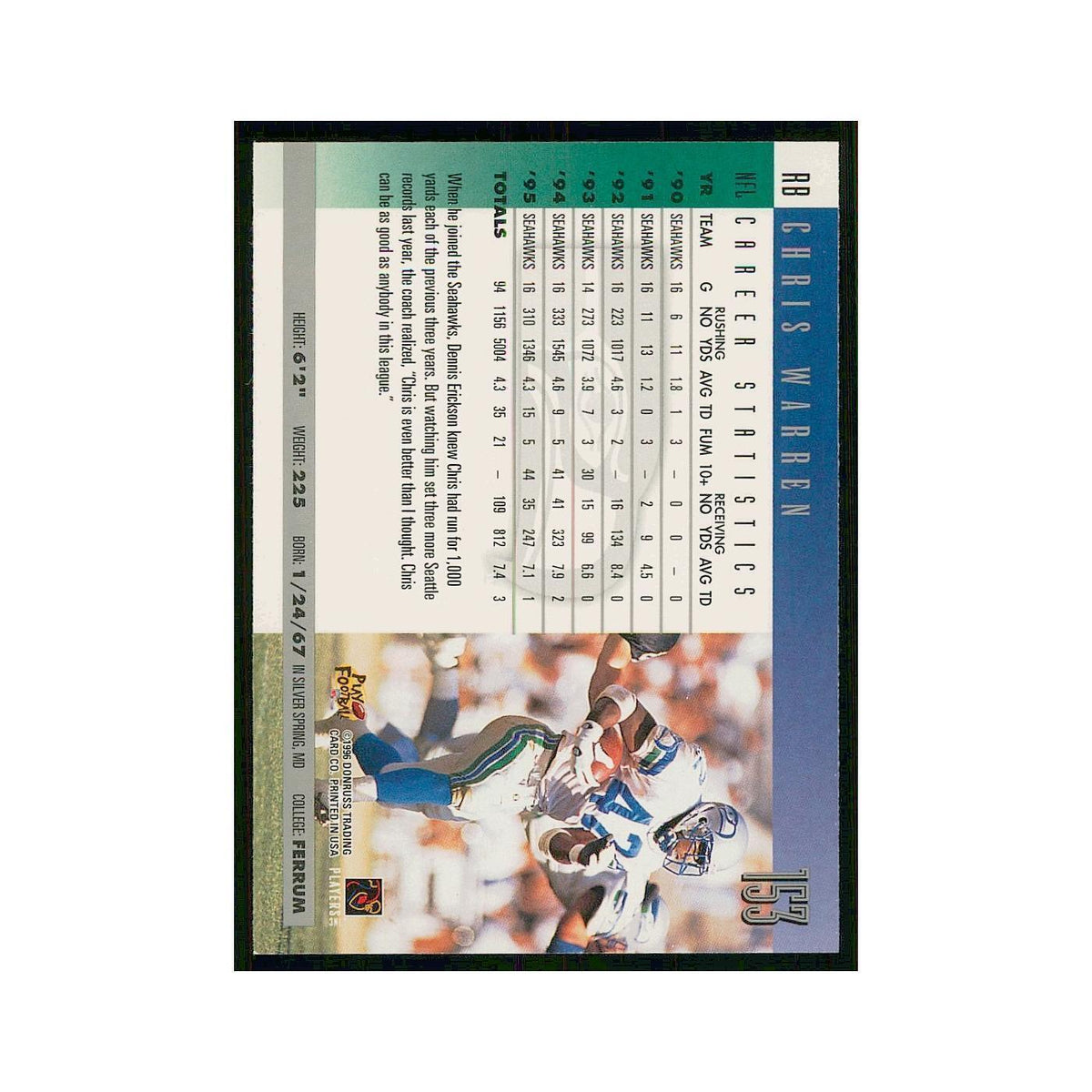 1996 Donruss Chris Warren Seahawks #153