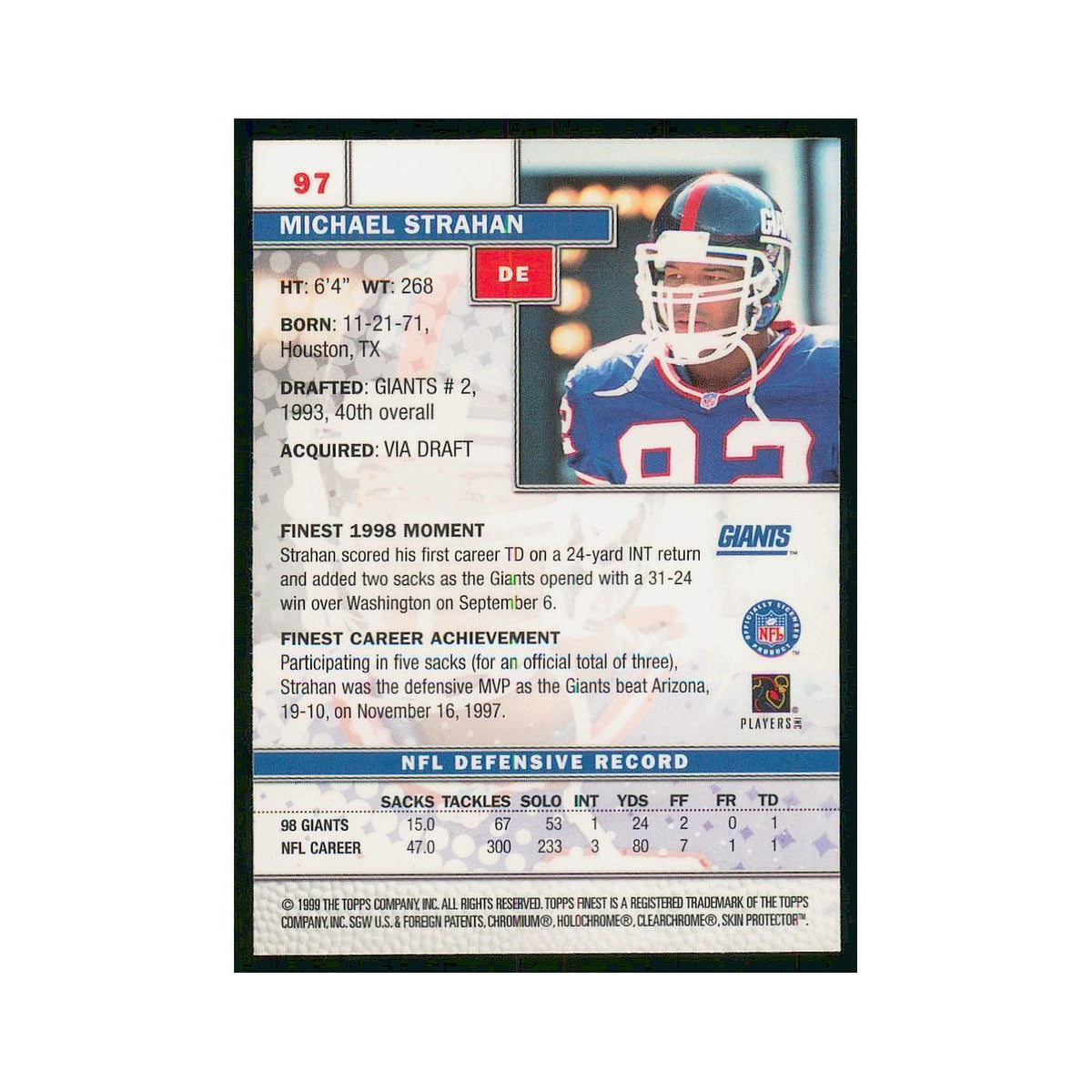 1999 Topps FInest W Coating Michael Strahan Giants #97
