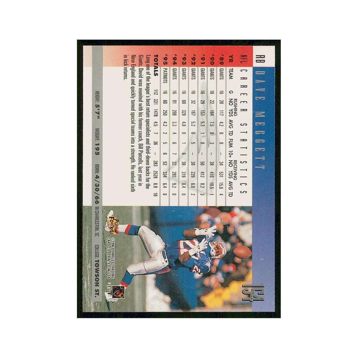 1996 Donruss Dave Meggett Patriots #154