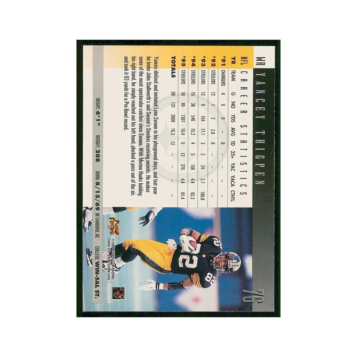 1996 Donruss Yancey Thigpen Steelers #76