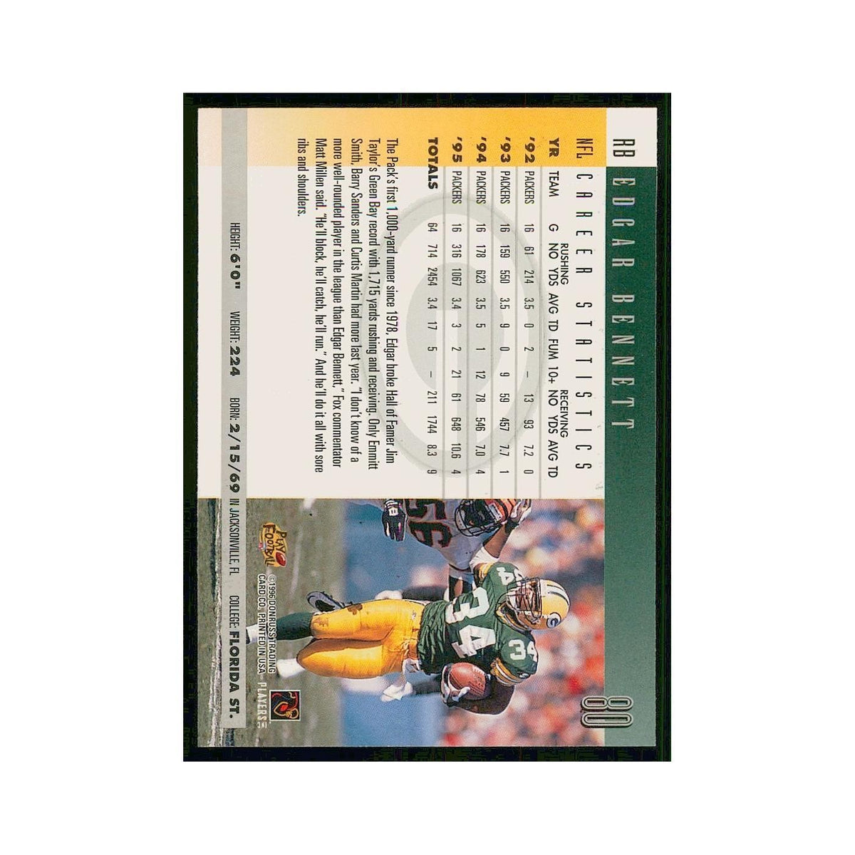 1996 Donruss Edgar Bennett Packers #80