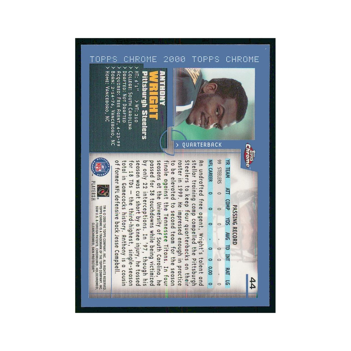 2000 Topps Chrome Anthony Wright RC Steelers #44