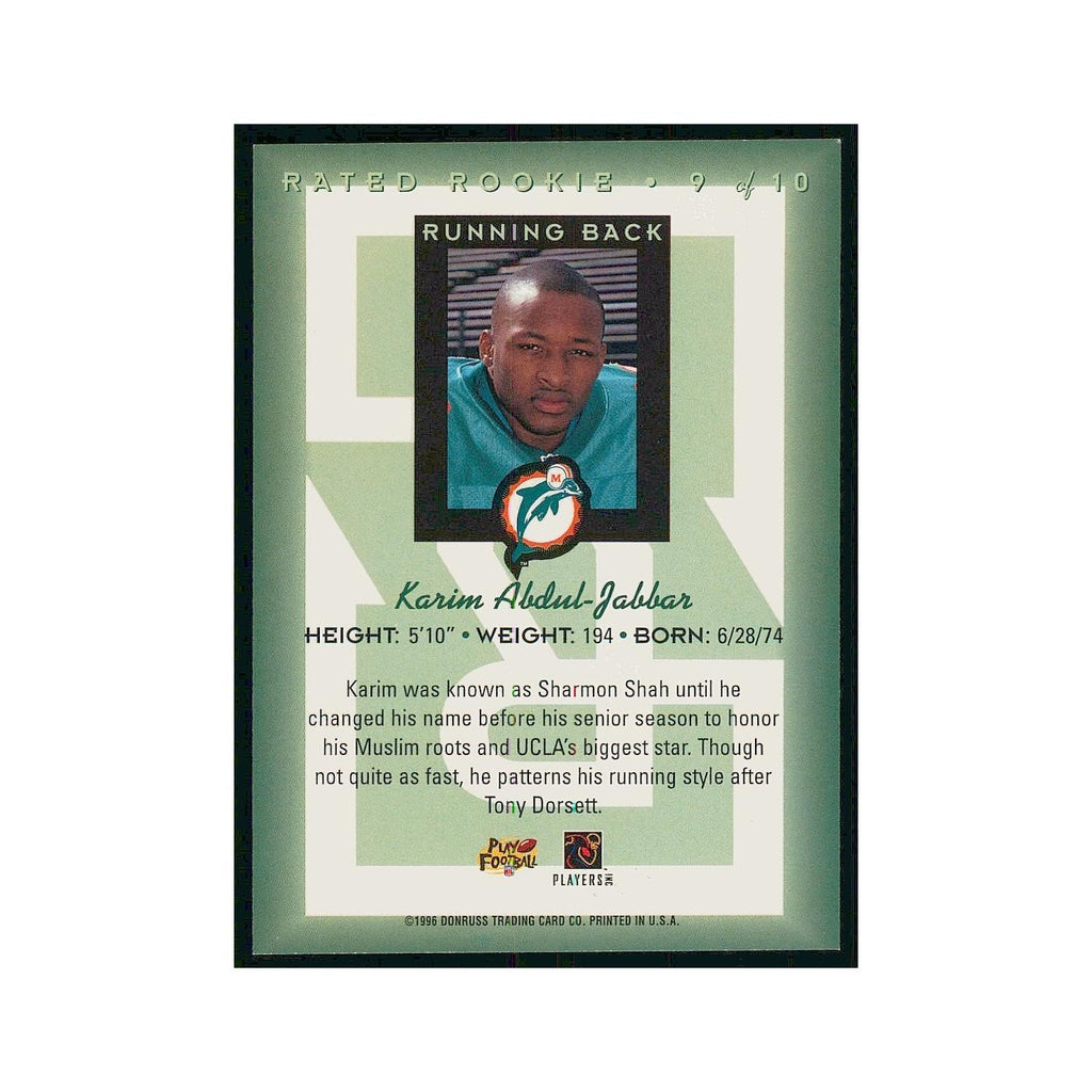 1996 Donruss Rated Rookies Karim Abdul-Jabbar RC Dolphins #9