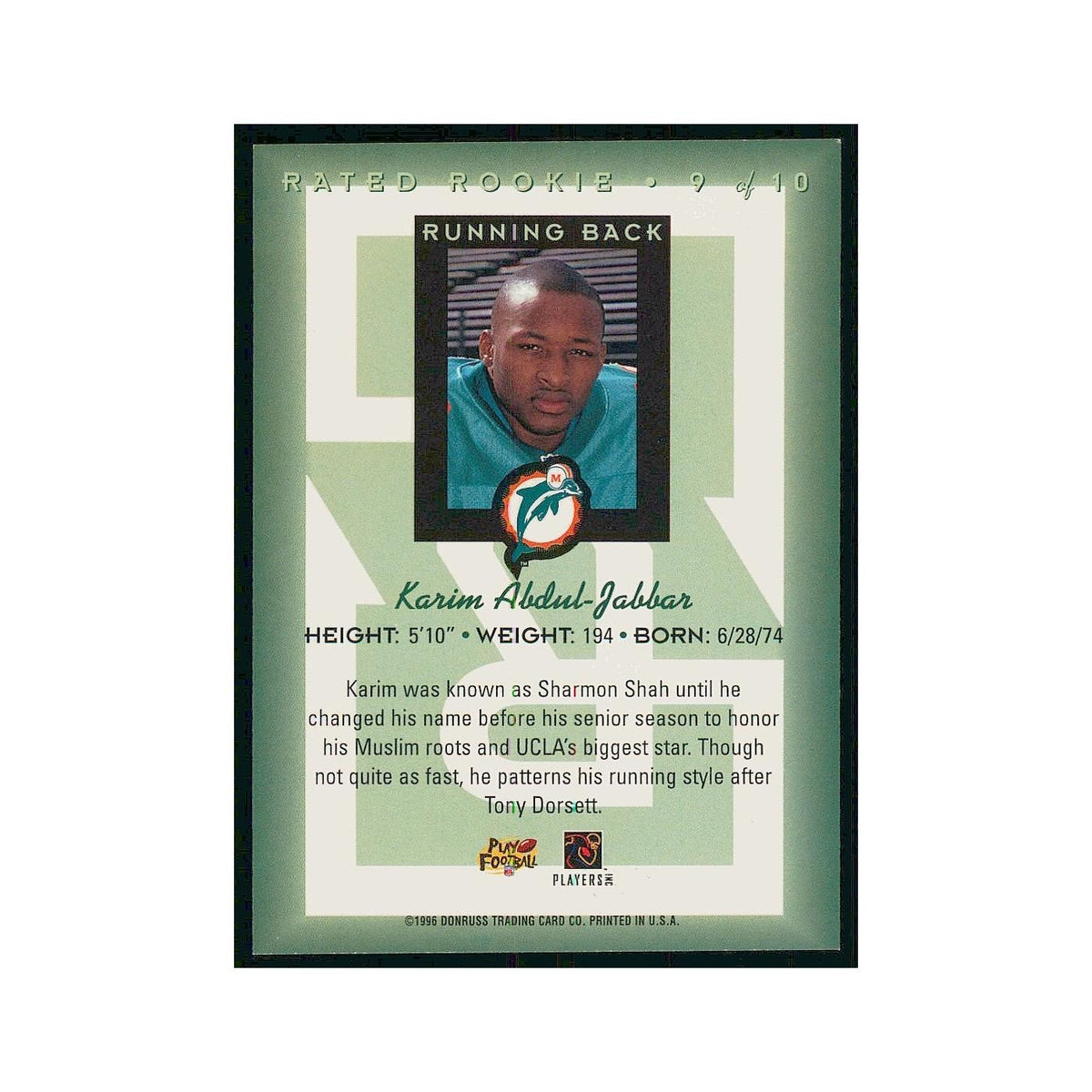 1996 Donruss Rated Rookies Karim Abdul-Jabbar RC Dolphins #9
