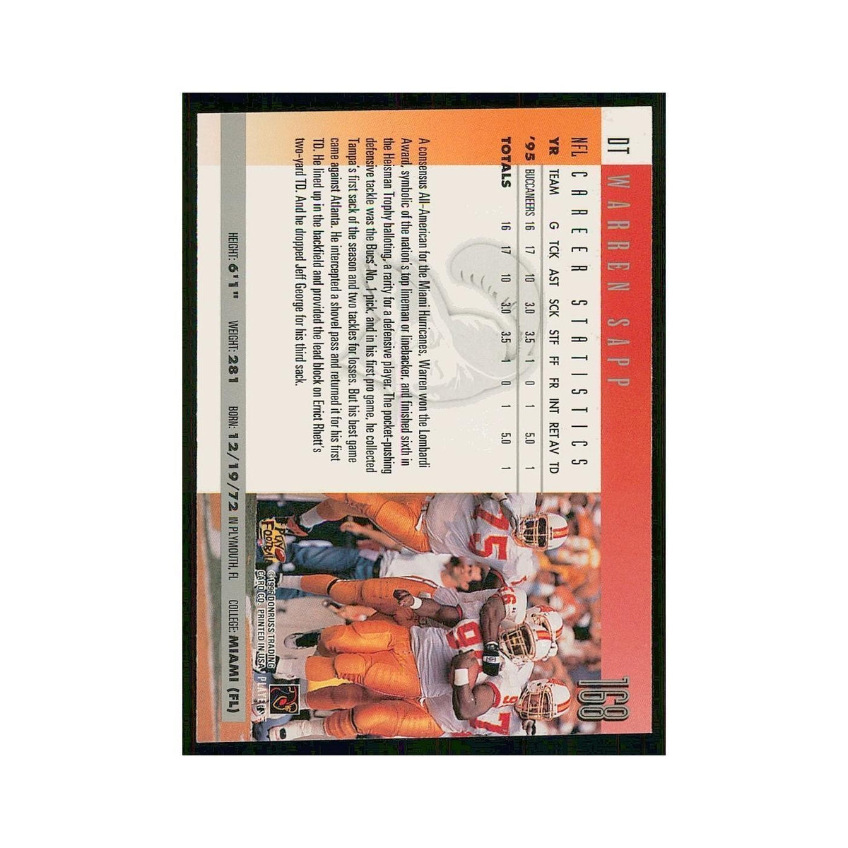 1996 Donruss Warren Sapp Buccaneers #168