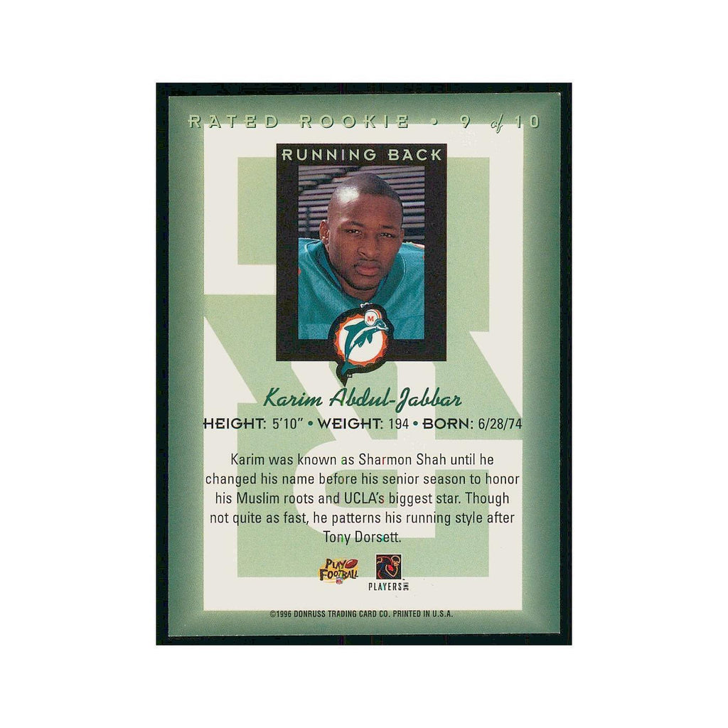 1996 Donruss Rated Rookies Karim Abdul-Jabbar RC Dolphins #9
