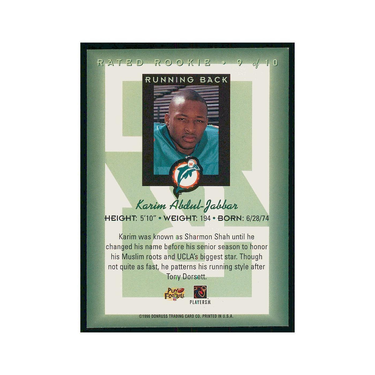 1996 Donruss Rated Rookies Karim Abdul-Jabbar RC Dolphins #9