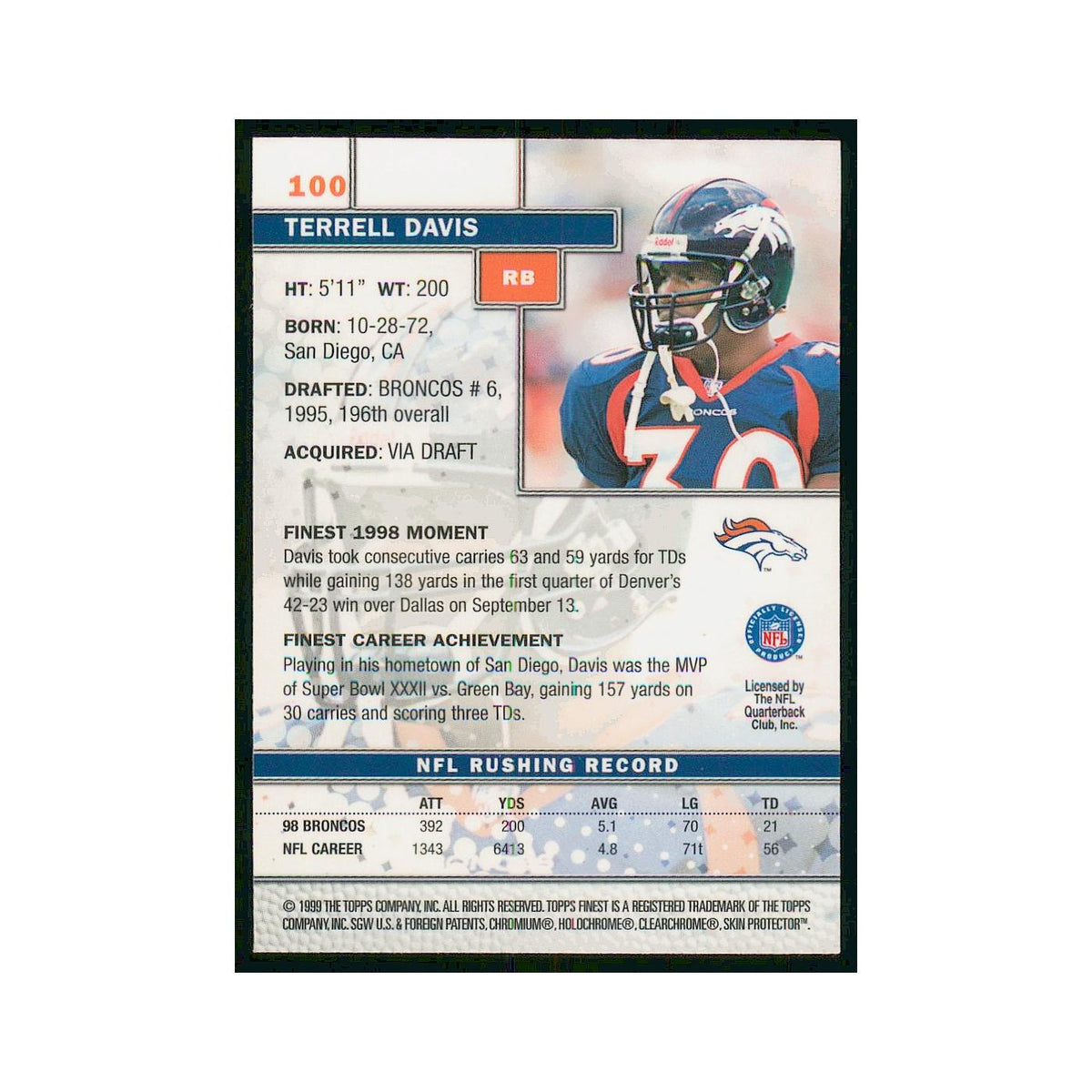 1999 Topps FInest W Coating Terrell Davis Broncos #100