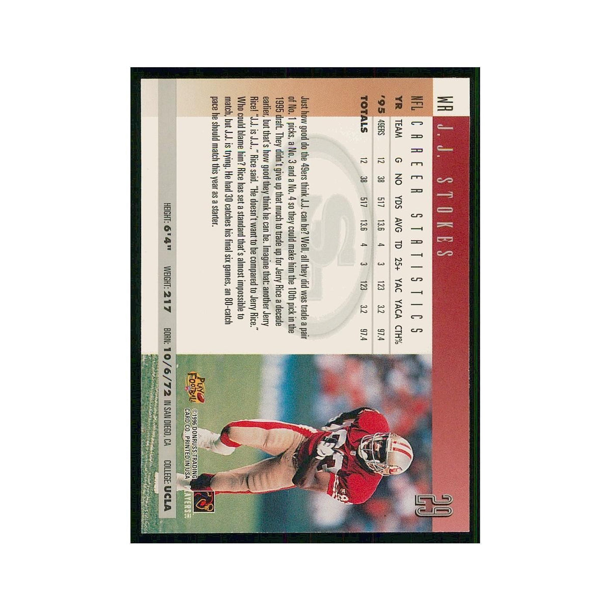 1996 Donruss J.J. Stokes 49ers #29