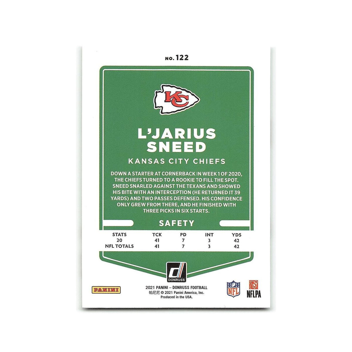 L'Jarius Sneed 2021 Donruss #122 Kansas City Chiefs Football Card NM