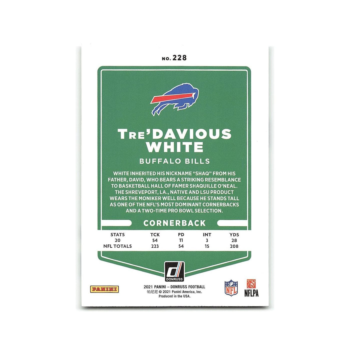 Tre'Davious White 2021 Donruss #228 Buffalo Bills Football Card NM