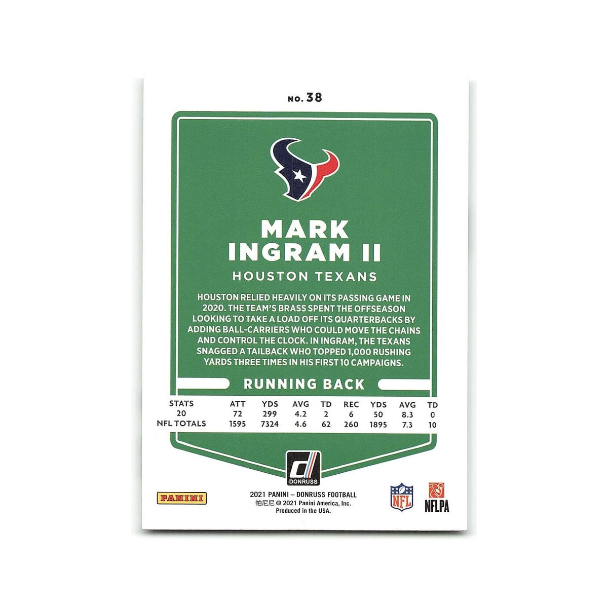 Mark Ingram II 2021 Donruss #38 Houston Texans Football Card NM