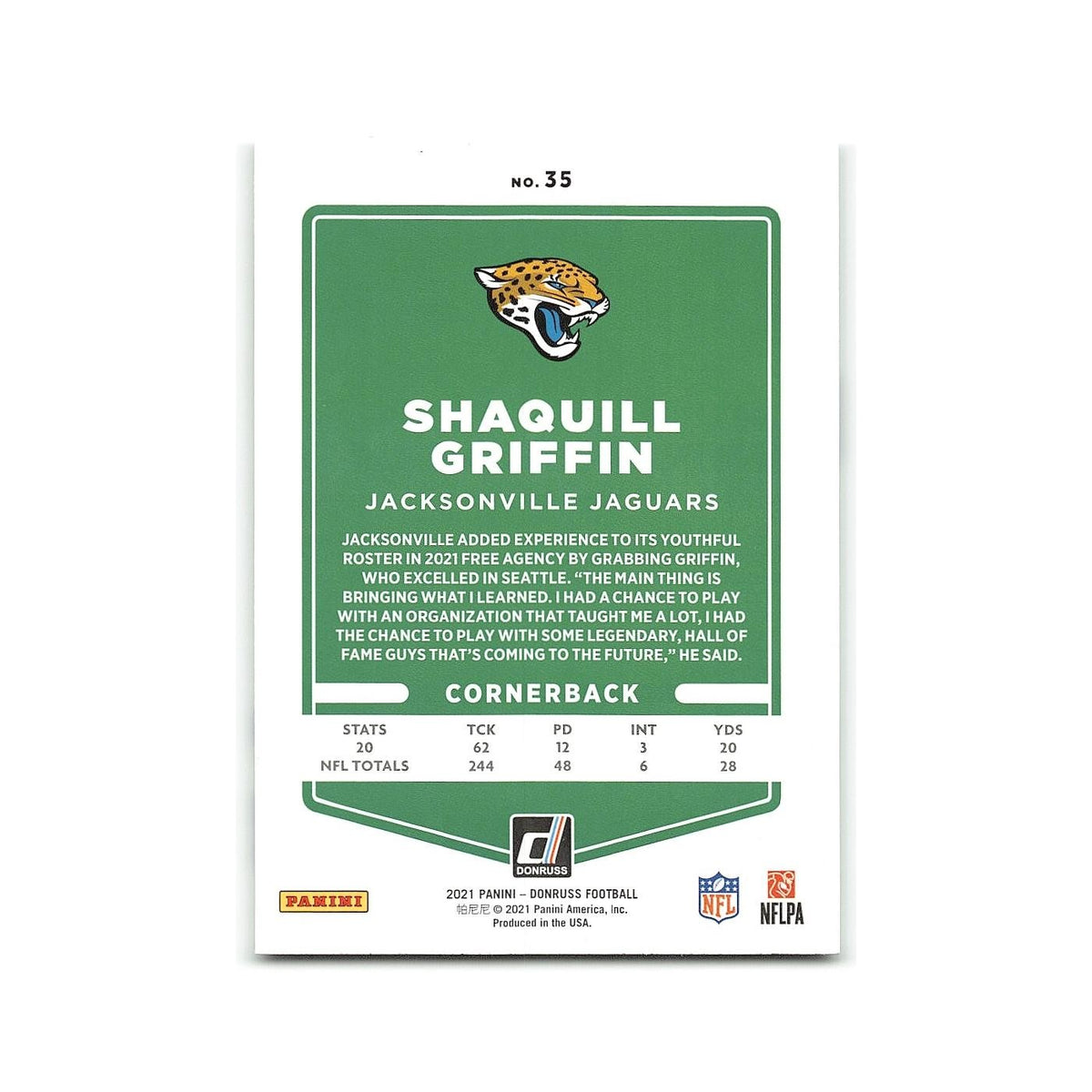 Shaquill Griffin 2021 Donruss #35 Jacksonville Jaguars Football Card NM