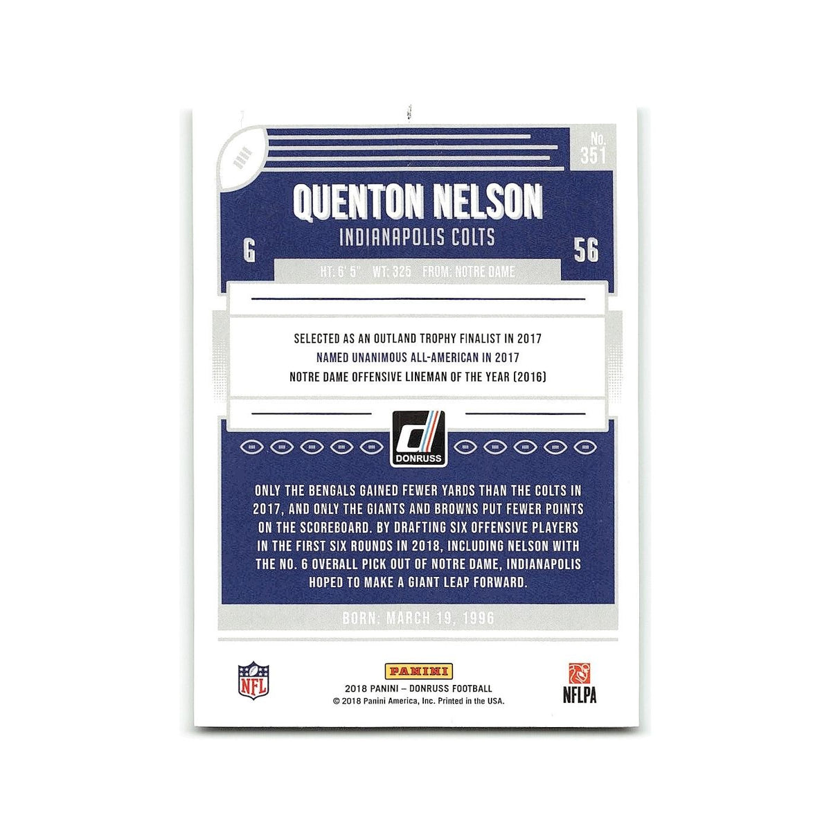 Quenton Nelson Rookie 2018 Donruss #351 Indianapolis Colts Football Card NM