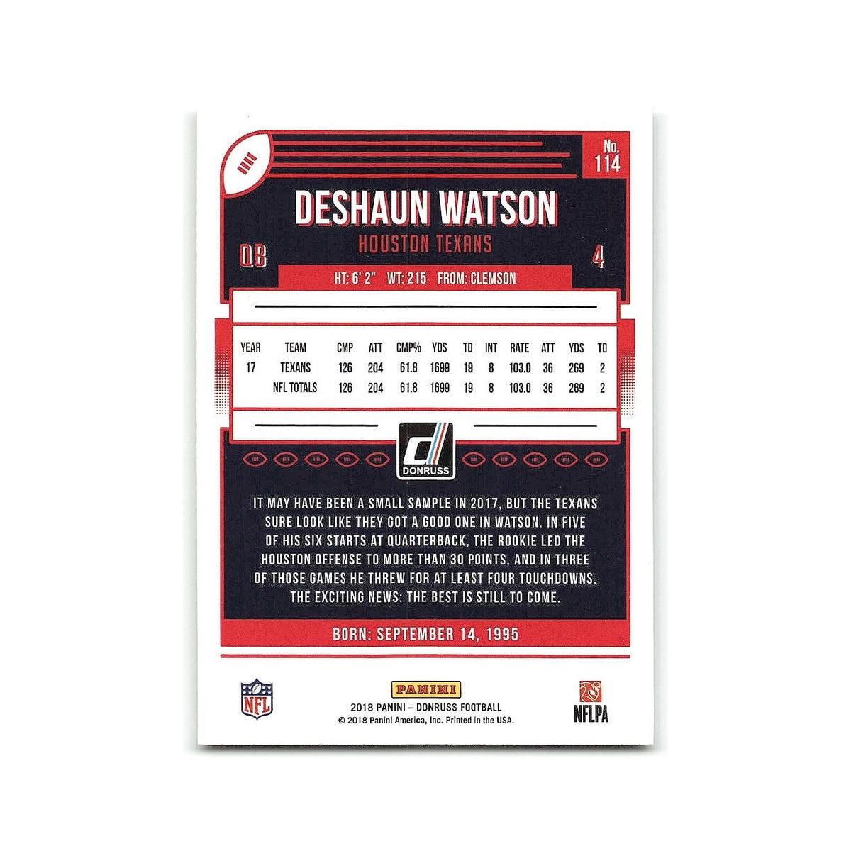 Deshaun Watson 2018 Donruss #114 Houston Texans Football Card NM