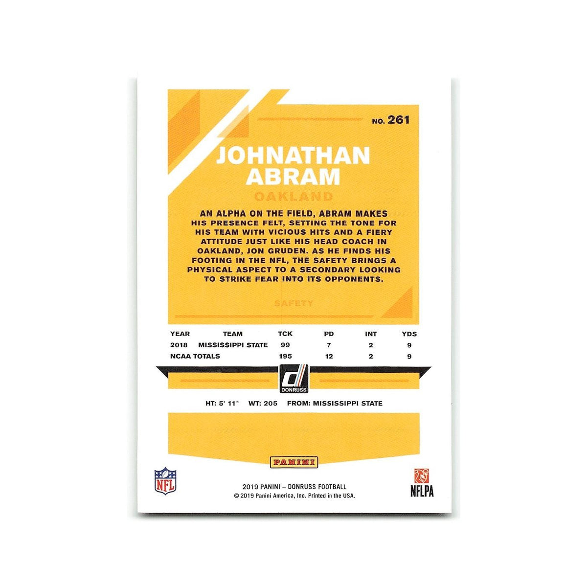 Johnathan Abram Rookie 2019 Donruss #261 Oakland Raiders Football Card NM