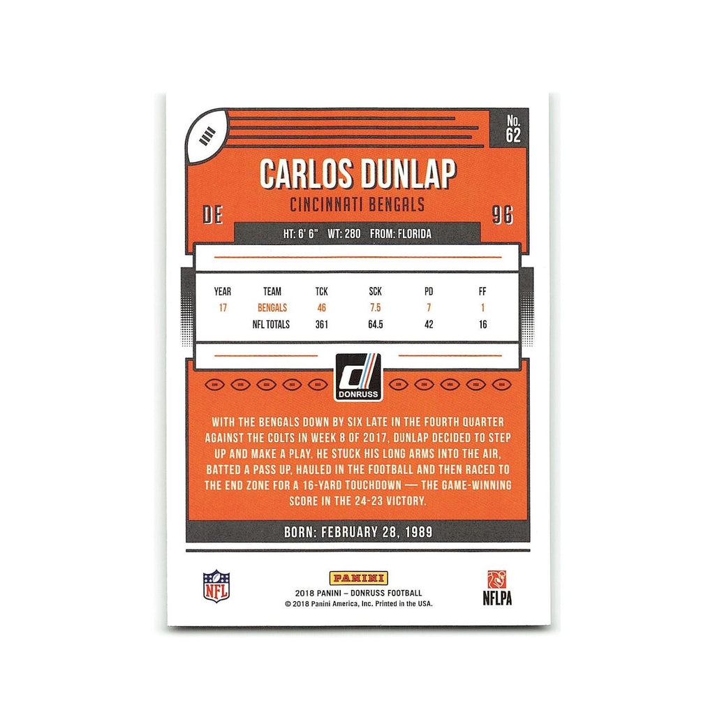 Carlos Dunlap 2018 Donruss #62 Cincinnati Bengals Football Card NM