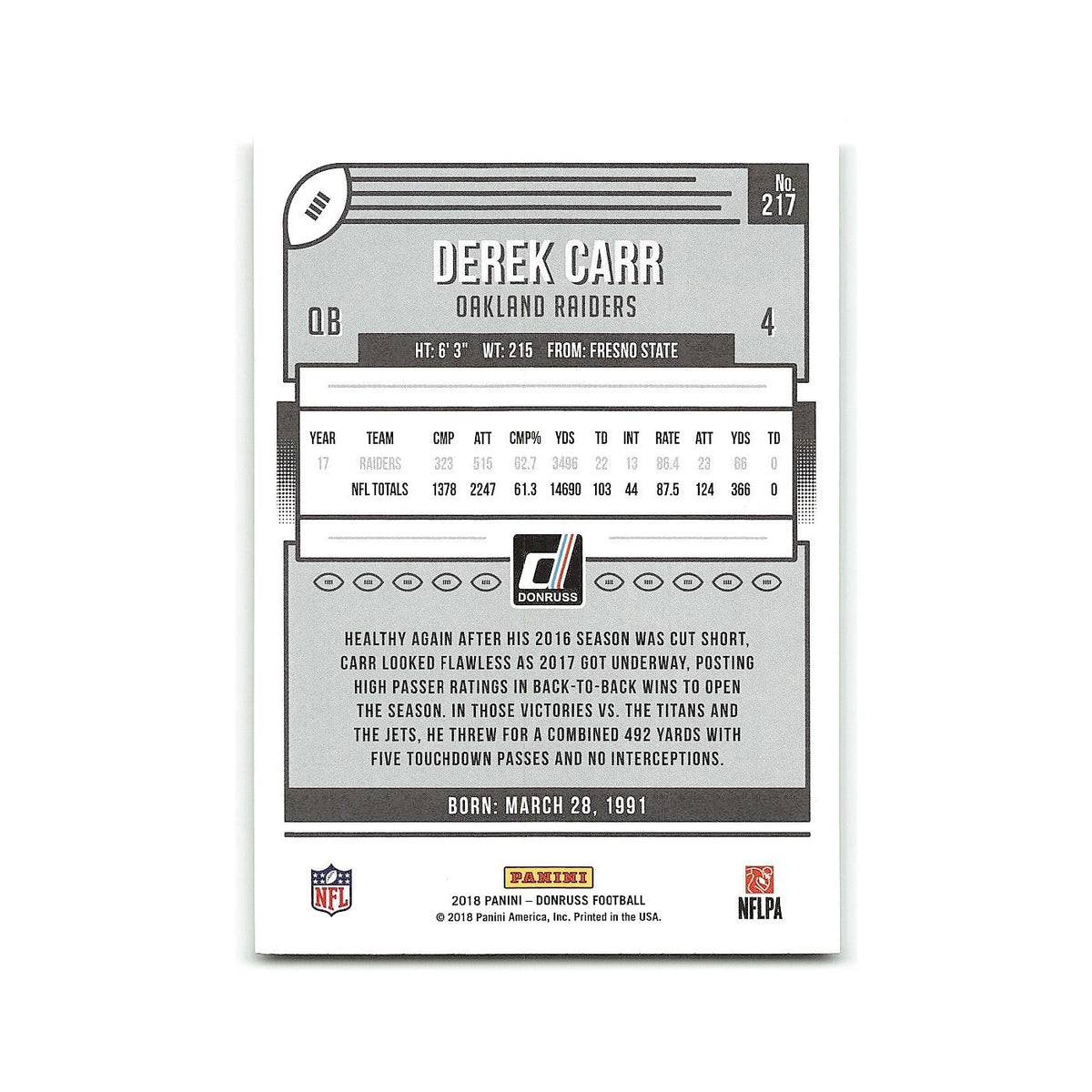 Derek Carr 2018 Donruss #217 Oakland Raiders Football Card NM