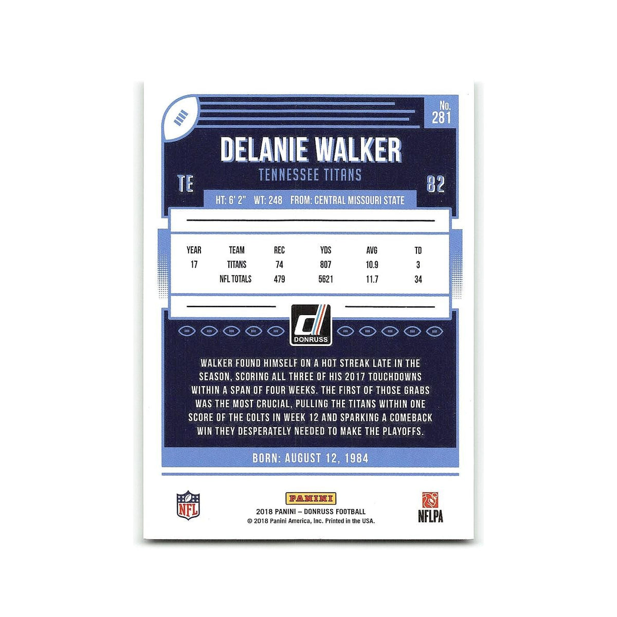 Delanie Walker 2018 Donruss #281 Tennessee Titans Football Card NM